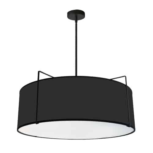 Luminaire suspendu Trapezoid de Dainolite avec abat-jour cylindrique noir qui diffuse la lumière, tissu blanc et 4 ampoules