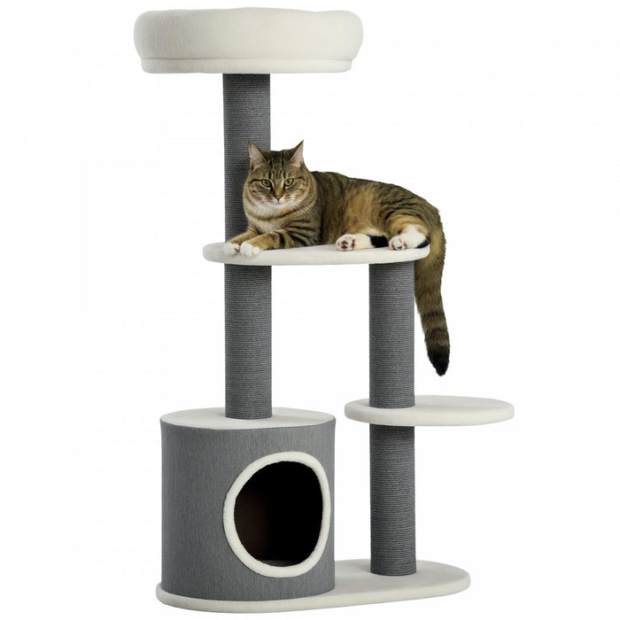 Arbre A Chat Pawhut De 99 Cm Pour Interieur, Tour A Chat Avec Griffoirs, Niche, Perchoir, Plateformes, Centre D'activites Pour Chatons A Plusieurs Niveaux, Blanc