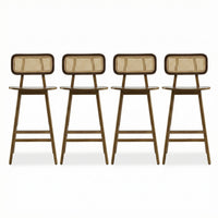 Bari – Lot de 4 tabourets de comptoir en bois d’hevea avec dossier en rotin et repose-pieds, finition noyer