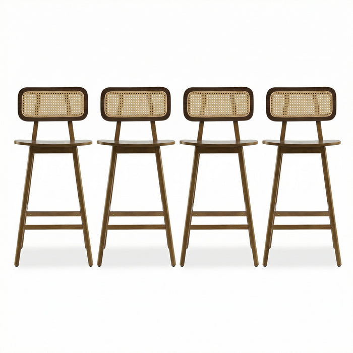 Bari – Lot de 4 tabourets de comptoir en bois d’hevea avec dossier en rotin et repose-pieds, finition noyer