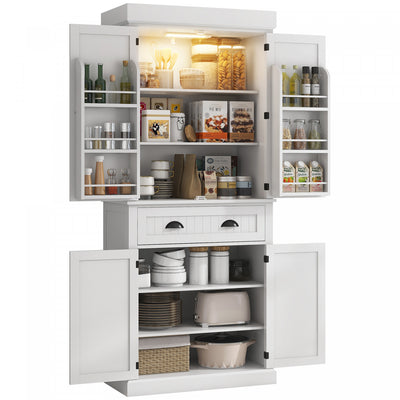 HOMCOM 71" Kitchen Pantry Cabinet with Spice Racks and LED Lights, White