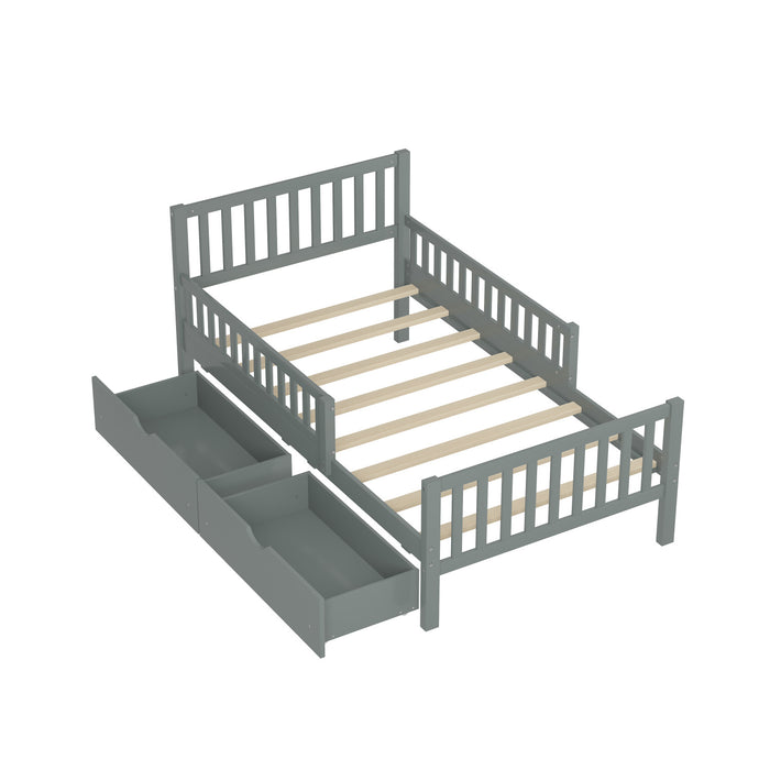 Emma – Lit Plateforme en Bois avec Barrieres de Protection et Tiroirs de Rangement, Format Simple - Gris