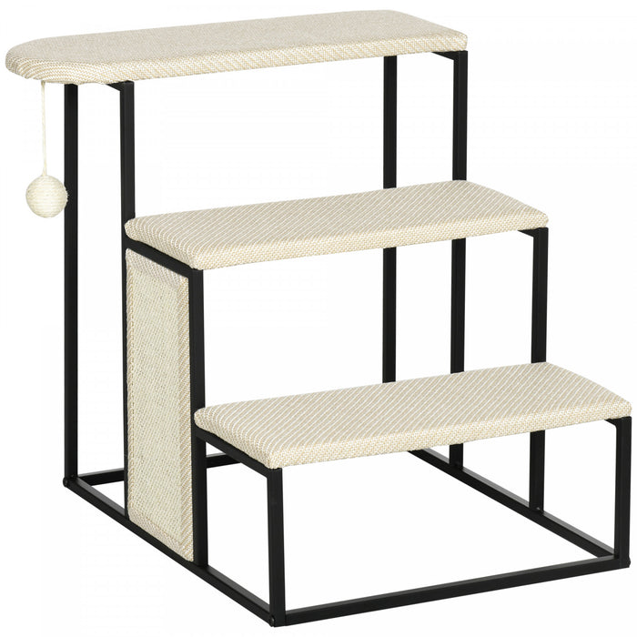 Pawhut 20\" Escalier Pour Animaux 3 Marches Pour Chat, Rampe D'echelle En Moquette, Avec Griffoir Et Boule Suspendue Pour Petits Chats, Cadre En Acier, Blanc Creme