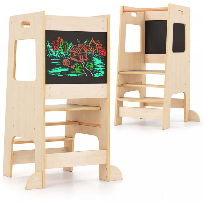 Tabouret D'etape De Cuisine Costway Pour Tout-petit Enfant Avec Tableau A Bois D'activite Reglable En Hauteur Et Rail De Securite Beige
