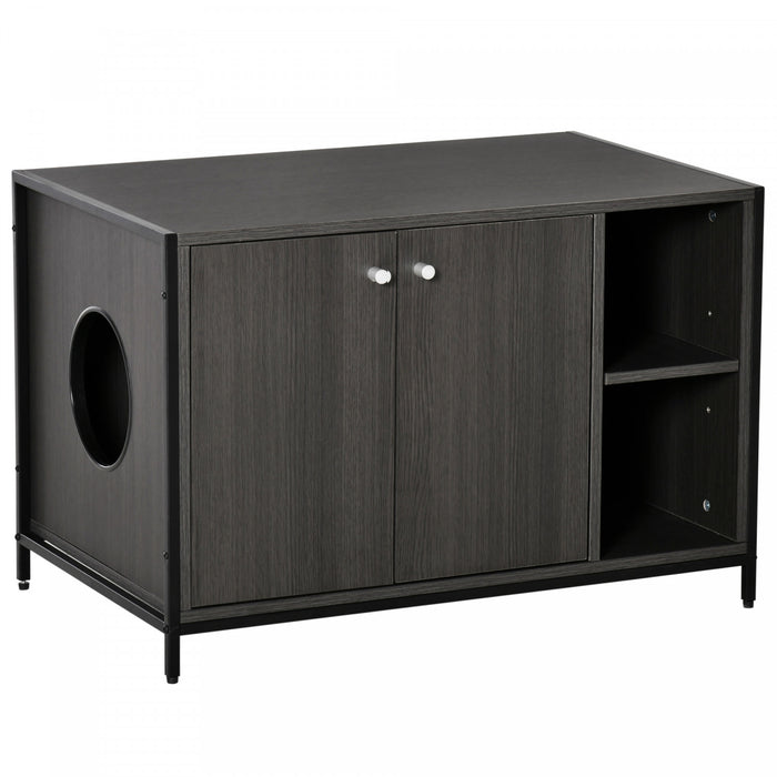 Pawhut Maison De Toilette Pour Chat Grand Espace De Rangement 2 Placards Avec 2 Compartiments Porte Magnetique Pieds En Acier Panneau De Particules 32.75\" X 20\" X 21.75\" Noir