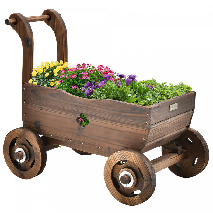 Jardiniere En Bois En Forme De Brouette, Chariot Decoratif Avec Roues, Poignees, Trou De Drainage, Support De Pot De Fleurs Roulant, Pot De Fleurs Rustique, Interieur Et Exterieur, Jardin, Terrasse, Balcon,