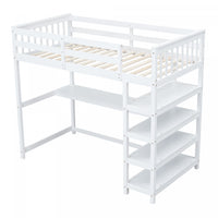  Victoria – Lit Mezzanine Simple En Bois Massif Avec Bureau, Etageres De Rangement Et Eclairage Del – Blanc