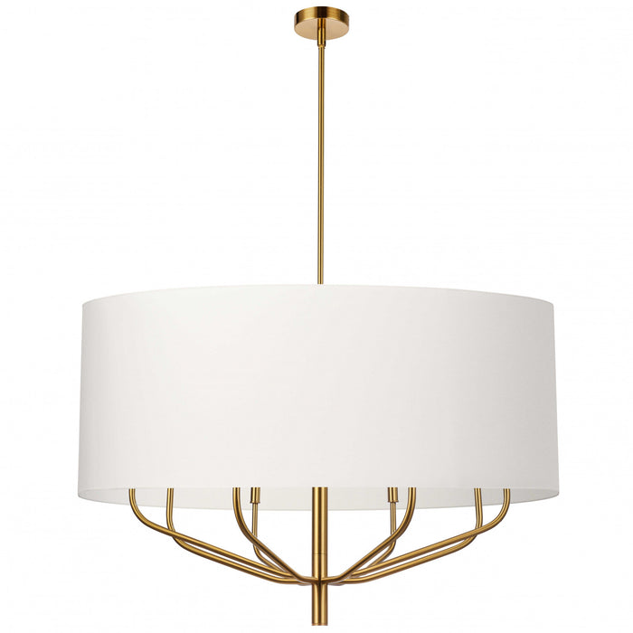 Lustre Eleanor de Dainolite avec abat-jour blanc, fini laiton vieilli et 8 ampoules