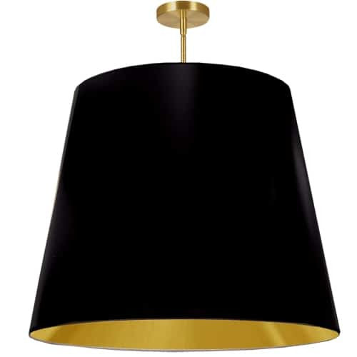Très grand luminaire suspendu de Dainolite avec très grand abat-jour cylindrique effilé noir et doré, et 1 ampoule