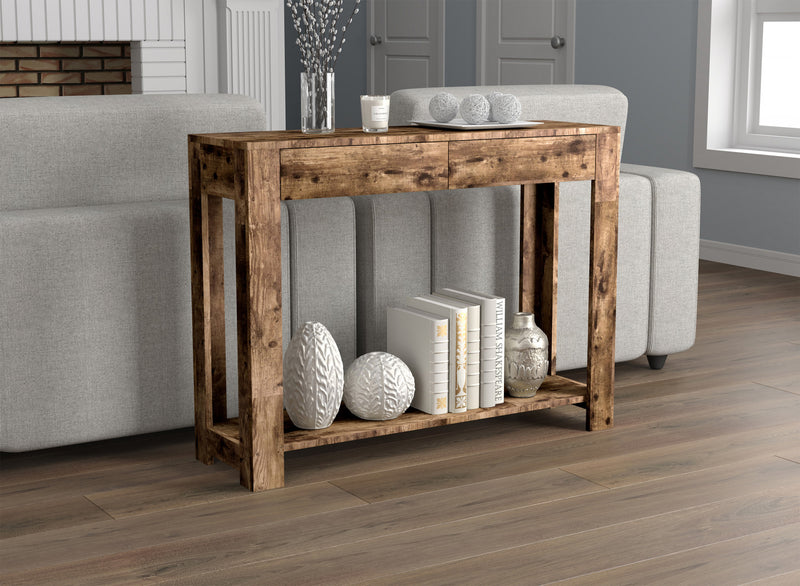 Console de 40 po avec 2 tiroirs et tablette - bois recyclé brun