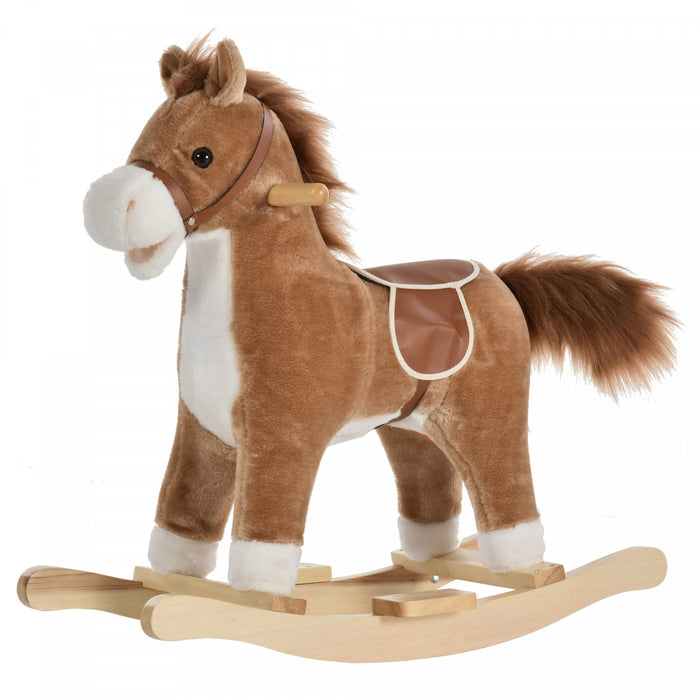 Qaba Cheval A Bascule En Peluche Sur Bascules En Bois Avec Sons, Base En Bois, Chaise A Bascule Pour Bebe De 36 A 72 Mois, Marron