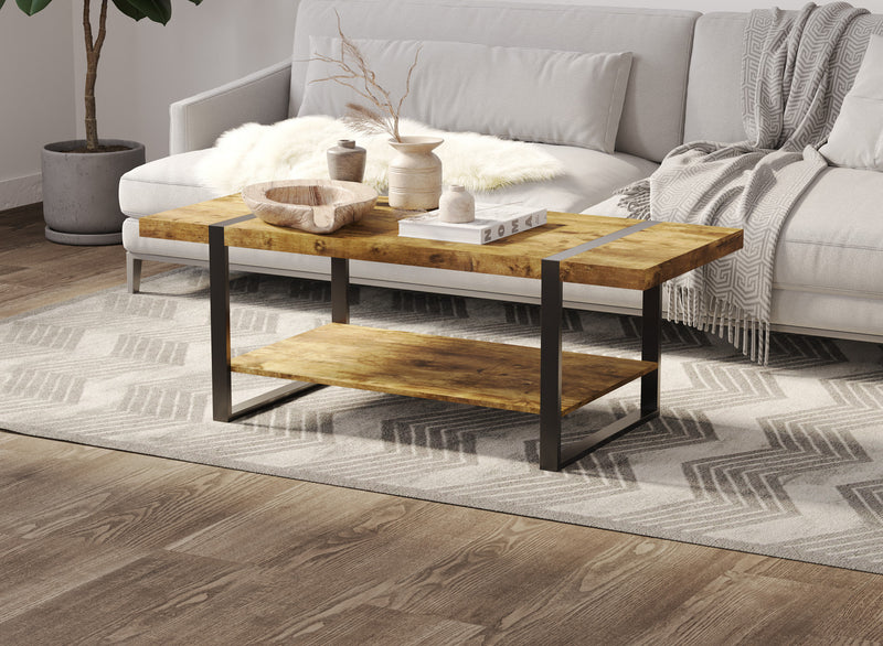 Table à café de 44 po avec base en métal noir - bois recyclé brun