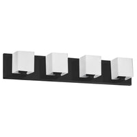 Lumière de coiffeuse Verona de Dainolite avec abat-jour en verre blanc, fini noir mat et 4 ampoules