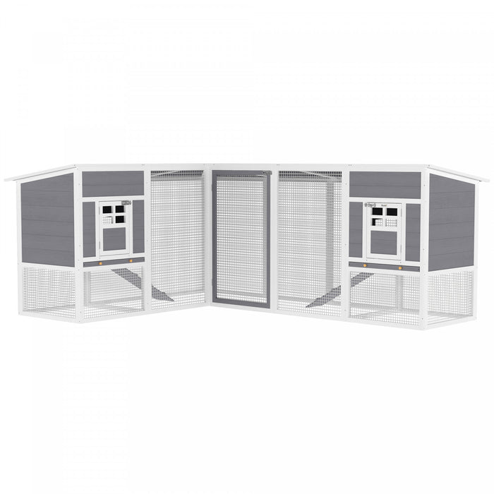 PawHut Poulailler en bois de 251 cm avec enclos integre, clapier a lapins en forme de L avec 2 maisons, toit impermeable et rampes, gris
