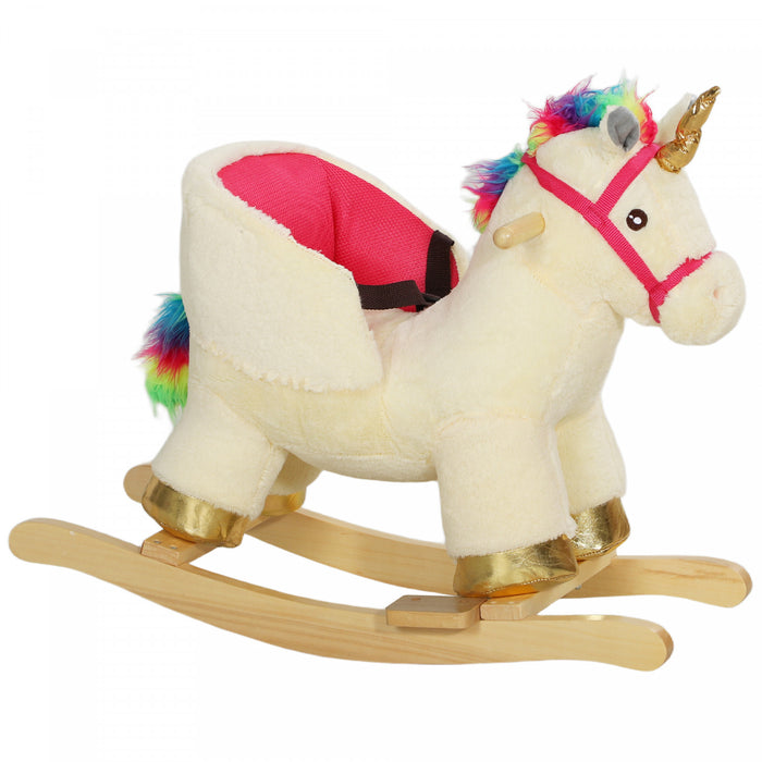Qaba Cheval A Bascule, Cheval A Bascule Pour Enfants, Licorne Avec Son, Ceinture De Securite, Base En Bois, Animaux En Peluche Pour Enfants De 18 A 36 Mois, Blanc Creme
