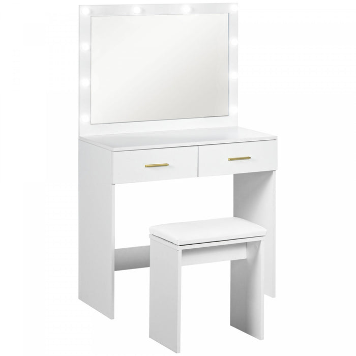 HOMCOM Ensemble de Coiffeuse et Tabouret avec Miroir Eclaire a LED, Blanc
