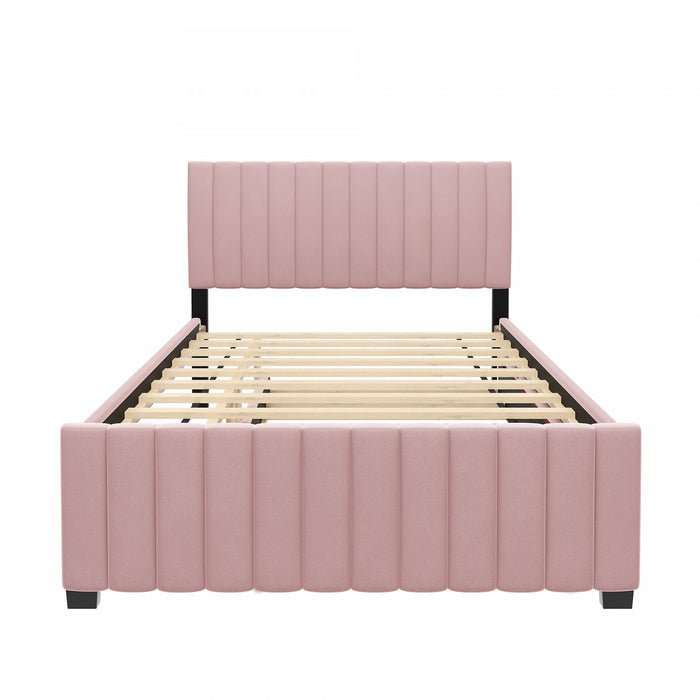 Lit plateforme Ethan rembourre en velours, gain de place, avec tiroir gigogne, taille full, rose