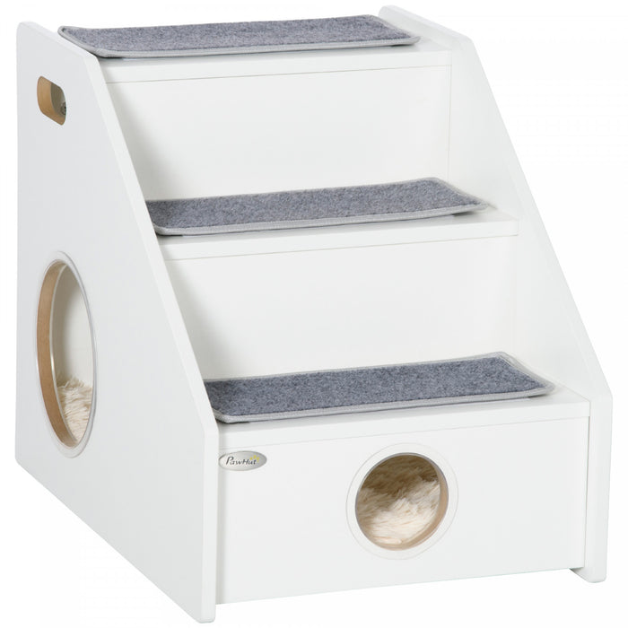 Pawhut Escaliers Pour Animaux De Compagnie Pour Maison Cachee Pour Chiens Miniatures, Marches Pour Chat Pour Canape Lit Haut, Escalier Portable Avec Poignees, Tapis Antiderapant, Trous Lateraux, Blanc