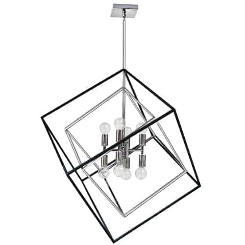 Luminaire suspendu Kappa de Dainolite avec fini chromé poli et noir mat, et 8 ampoules