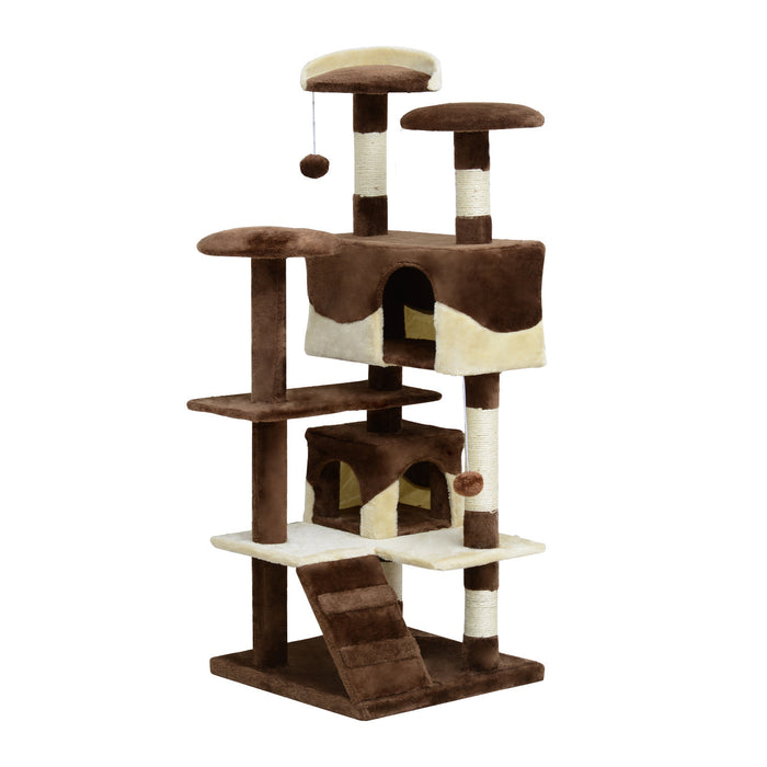 Pawhut Arbre A Chat 137,2 Cm Grande Maison De Jeu Pour Chaton Centre D'activites A Plusieurs Niveaux Meubles Pour Animaux De Compagnie (cafe)