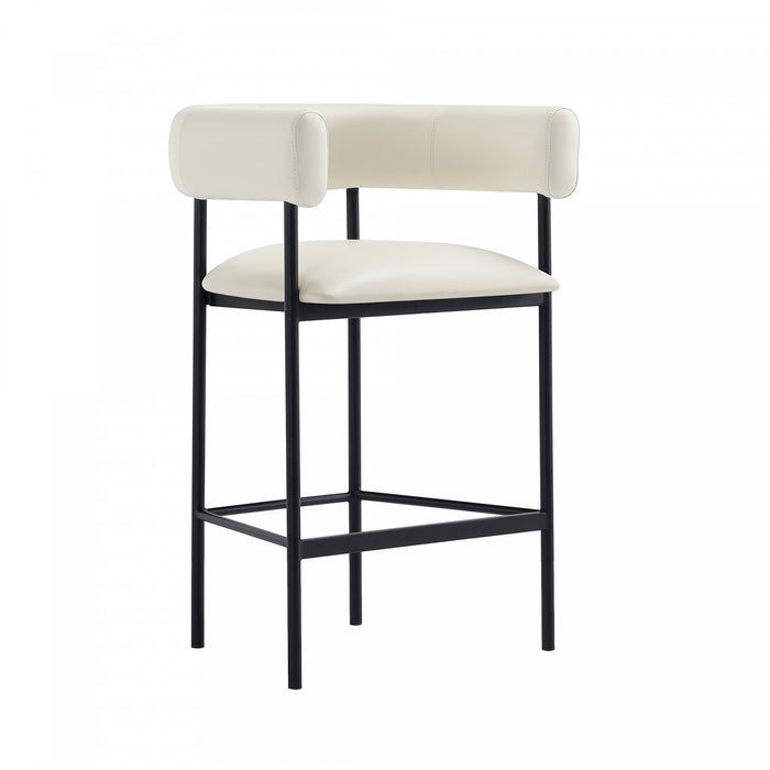 Tabouret de comptoir contemporain Onda en cuir vegetalien et metal, coloris ivoire