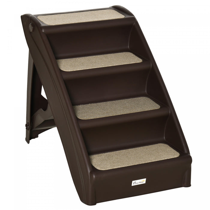 Pawhut Escalier Pour Chien Portable A 4 Niveaux, Rampe Pliable Pour Chiens, Escaliers Pour Chats, Avec Tapis Antiderapant Lavable Et Amovible, Pour Lit Haut, Canape, Jusqu'a 44 Lbs, Brun Fonce