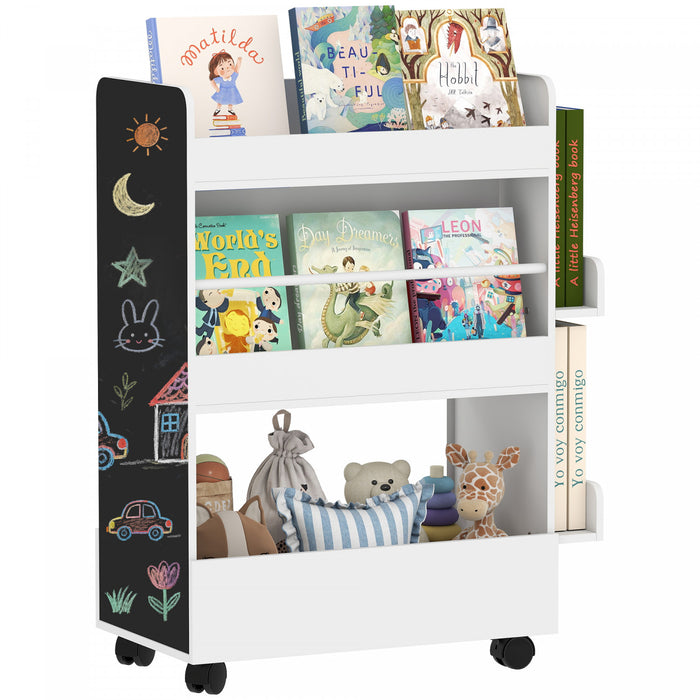 Qaba Bibliotheque pour Enfant avec Roulettes, Presentoir de Livres Recto-Verso avec Tableau Noir, Rangement de Jouets pour Creche, Salle de Jeu, Classe, pour 3 a 8 Ans, Blanc