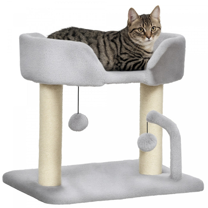 Arbre A Chat Pawhut, Petite Tour Pour Chat D'interieur De 42 Cm Avec Griffoirs En Sisal, Perchoir, Balles Suspendues, Centre D'activites Pour Chats, Gris Pale