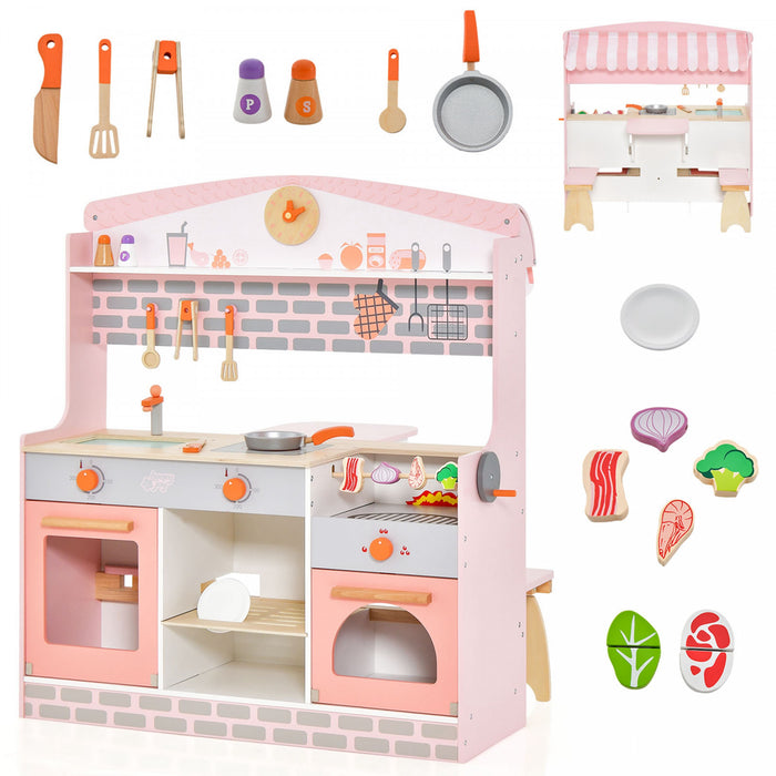 Cuisine Et Restaurant 2 En 1 Pour Enfants, Cuisine De Jeu Double Face Avec Cuisiniere, Four A Rotir, Barbecue, Auvent Reglable Et Robinet En Bois, Jeu De Role Pour Enfants De 3 A 8 Ans