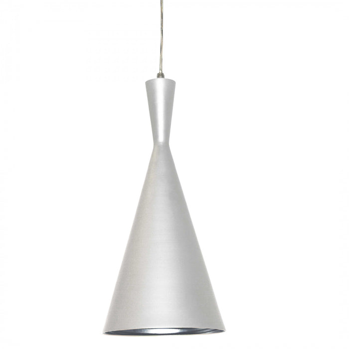 Luminaire suspendu Helsinki de Dainolite en forme de cône, avec intérieur à motif de galets argentés, fini blanc mat et 1 ampoule