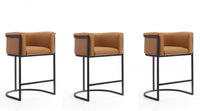 Tabouret de comptoir moderne du milieu du siecle en metal et tissu, coloris camel - Lot de 3