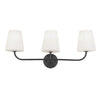 Lumière de coiffeuse Eleanor de Dainolite en verre blanc opale, avec fini noir mat et 3 ampoules