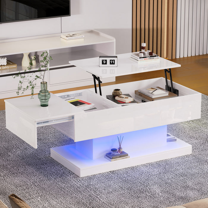 Logan table basse relevable – table avec eclairage LED et plateau extensible, blanc