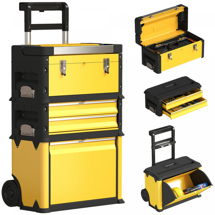 Homcom Boite A Outils 3 En 1, Systeme De Rangement Empilable En Acier Jaune