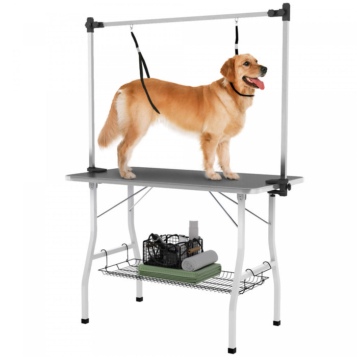 Pawhut Table De Toilettage Pliable Pour Chien, Table De Toilettage Pour Animaux De Compagnie Avec Bras De Toilettage Reglables, Etagere De Rangement,, 42\" X 24\" X 30\", Noir