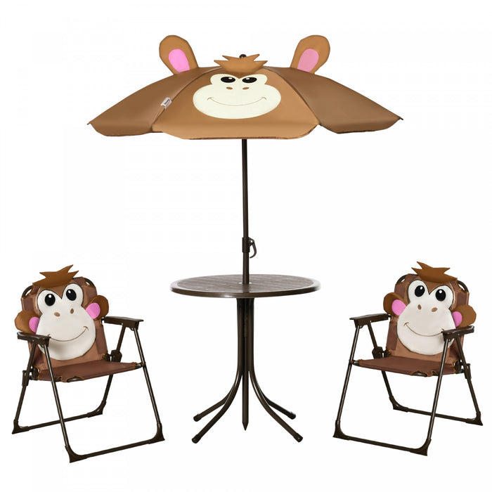 Outsunny Ensemble Table Et Chaises De Pique-nique Pour Enfants, Meubles De Jardin Pliants D'exterieur, Pour Terrasse, Arriere-cour, Avec Motif De Singe, Parasol Amovible Et Reglable En Hauteur