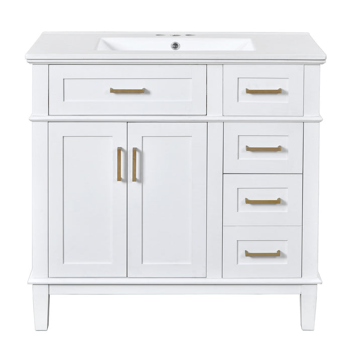 Michael Meuble-lavabo De Salle De Bain 36\" Avec Lavabo En Ceramique, Portes A Fermeture Douce Et Quatre Tiroirs De Rangement - Blanc