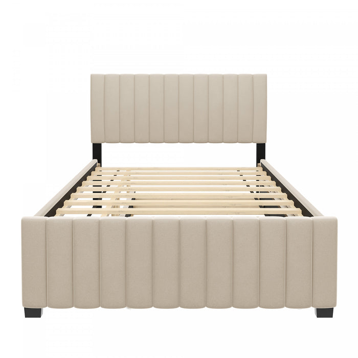 Lit plateforme Ethan rembourre en velours, gain de place, avec tiroir gigogne, taille full, beige