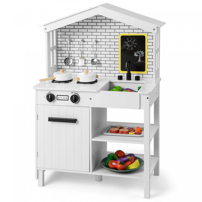 Ensemble De Cuisine De Jeu, Jouet De Cuisine En Bois Avec Tableau Noir Supplementaire, Belles Fenetres, Etageres De Rangement Et Crochets, 5 Pieds En Bois Massif, Ensemble De Cuisine Fictive Pour Les Tout-petits De 3 Ans Et Plus, Blanc