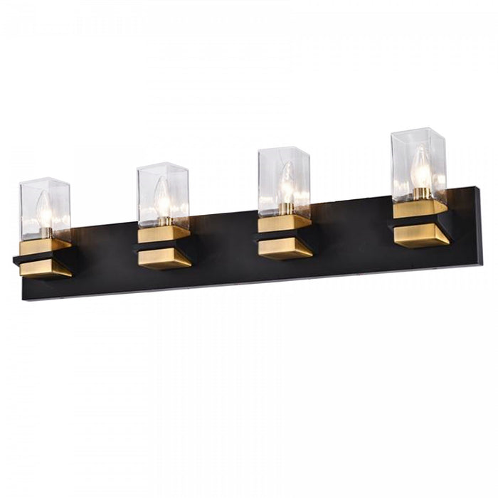 Lumière de coiffeuse Veronica de Dainolite en verre transparent, avec fini noir mat et laiton vieilli et 4 ampoules