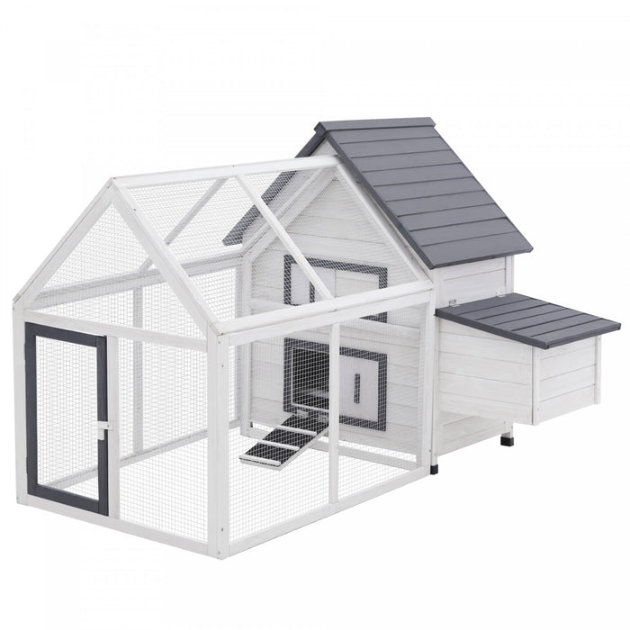 Poulailler Clapier Modele Villa Multi-equipee : Rampe, Nichoirs, Perchoirs, Plateau Excrement, 2 Portes Bois Massif Pin Gris Blanc