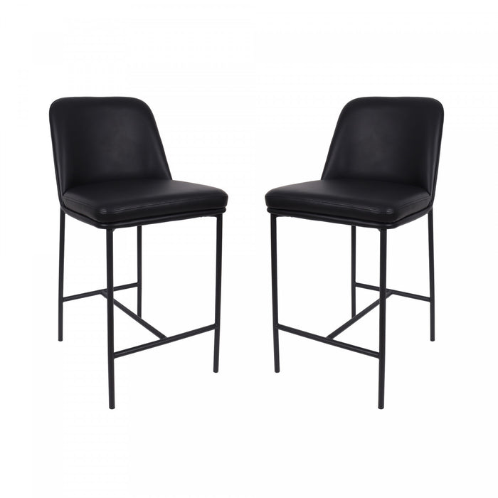 Tabouret de comptoir contemporain Loft en cuir vegetalien et metal noir - Lot de 2