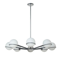 Lustre Sofia de Dainolite en verre blanc opale, avec fini noir mat et chromé poli et 8 ampoules