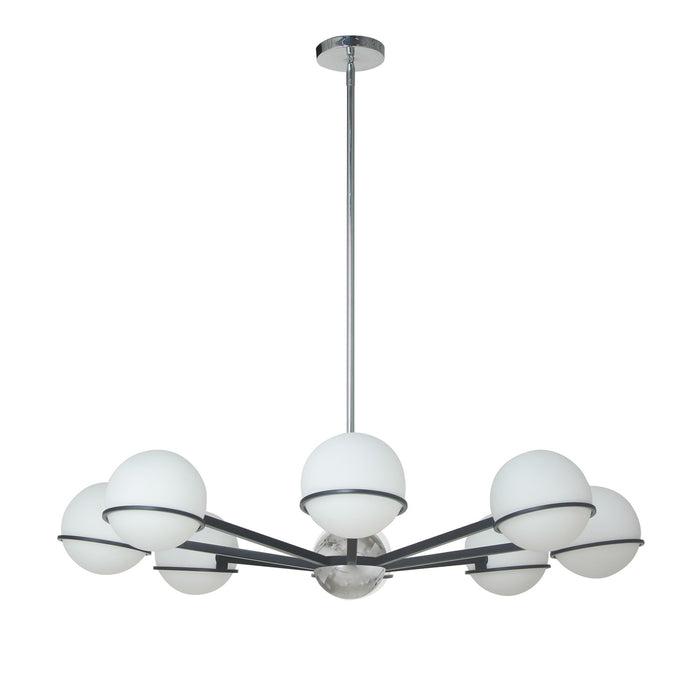 Lustre Sofia de Dainolite en verre blanc opale, avec fini noir mat et chromé poli et 8 ampoules