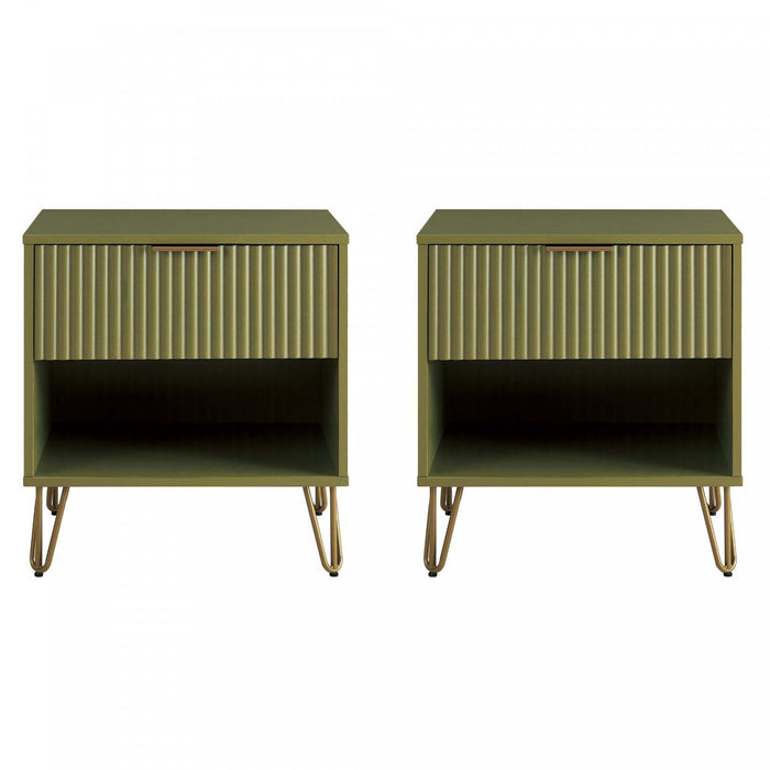 Table de nuit moderne Dumbo 20\" cannelee en vert olive (1 tiroir) - Lot de 2