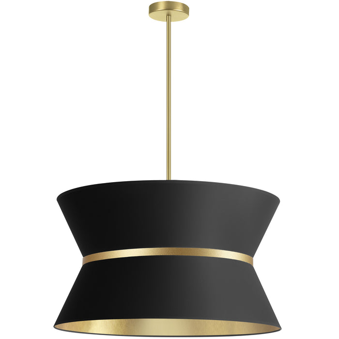 Luminaire suspendu Caterine de Dainolite de 24 po de diamètre, avec abat-jour noir, anneau argenté, fini laiton vieilli et 4 ampoules