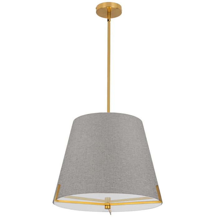 Luminaire suspendu Preston de Dainolite de 19 po de diamètre avec abat-jour en tissu gris, fini laiton vieilli et 4 ampoules