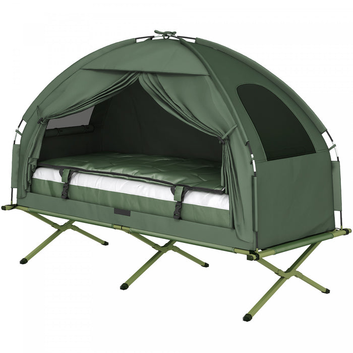 Tente-lit de camping 4-en-1 Outsunny, lit sureleve pour 1 personne avec matelas gonflable, sac de couchage et oreiller