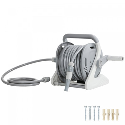 Outsunny Portable Garden Hose Reel, 1/2" x 66ft Wall Mounted Hose Reel with 2 Patterns Spray Nozzle, Compact with Crank Handle for Yard Lawn Garage Car Cleaning Watering, Grey