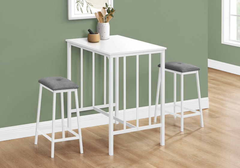 Ensemble de salle à manger 3 pièces de hauteur comptoir de style moderne contemporain pour la cuisine avec petite table rectangulaire, stratifié blanc et métal blanc
